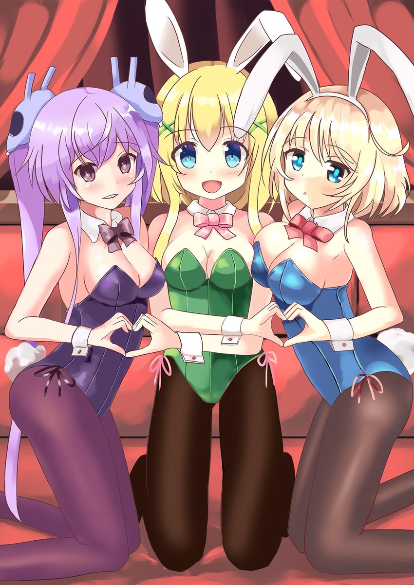 3girls :d :o animal_ears bad_anatomy bare_shoulders black_legwear blonde_hair blue_eyes bow breasts brown_legwear commentary_request curtains detached_collar fake_animal_ears hair_ornament heart heart_hands heart_hands_duo highres indoors kan_ten kneeling long_hair looking_at_viewer medium_breasts medium_hair memento_(sennen_sensou_aigis) multiple_girls open_mouth pantyhose paula_(sennen_sensou_aigis) photoshop_(medium) pink_bow playboy_bunny purple_bow rabbit_ears rabbit_hair_ornament rabbit_tail red_bow sennen_sensou_aigis shushu_(sennen_sensou_aigis) sidelocks smile tail twintails wrist_cuffs x_hair_ornament