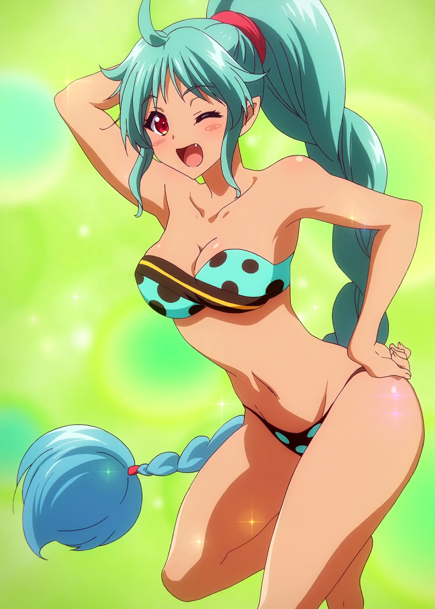 10s aqua_hair bangs barefoot bikini blush braid breasts cleavage curvy dark_skin female female green_hair hand_on_hip highres long_hair looking_at_viewer musaigen_no_phantom_world oerba_yun_fang red_eyes ruru_(phantom_world) screencap shiny shiny_skin simple_background single_braid smile solo swimsuit thong very_long_hair wink