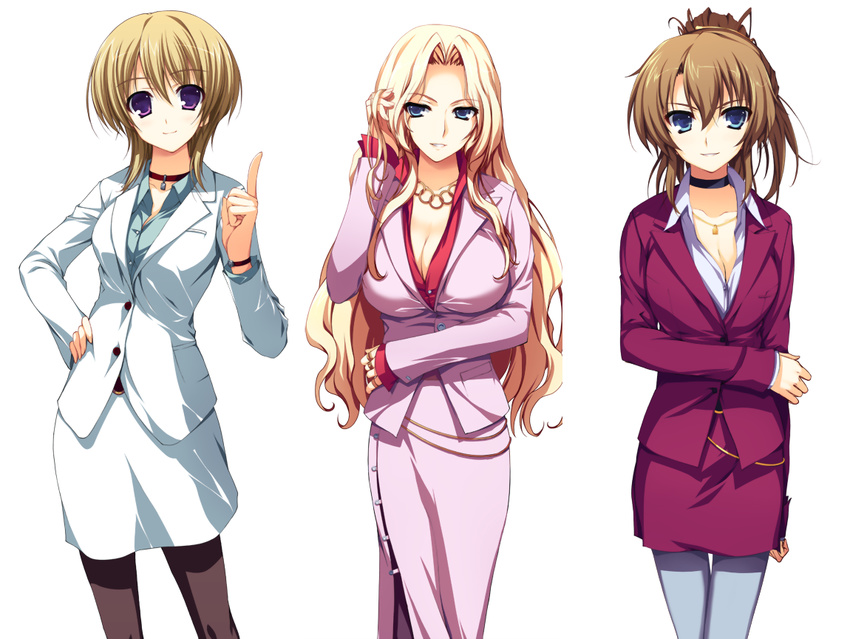 3girls akatsuki_no_goei blonde_hair blue_eyes breasts brown_hair business_suit choker cleavage formal hiiragi_akemi jewelry large_breasts light_brown_hair looking_at_viewer miyagawa_kiyomi multiple_girls necklace non-web_source open_mouth purple_eyes sakurazaka_fuuko short_hair simple_background smile suit tomose_shunsaku white_background