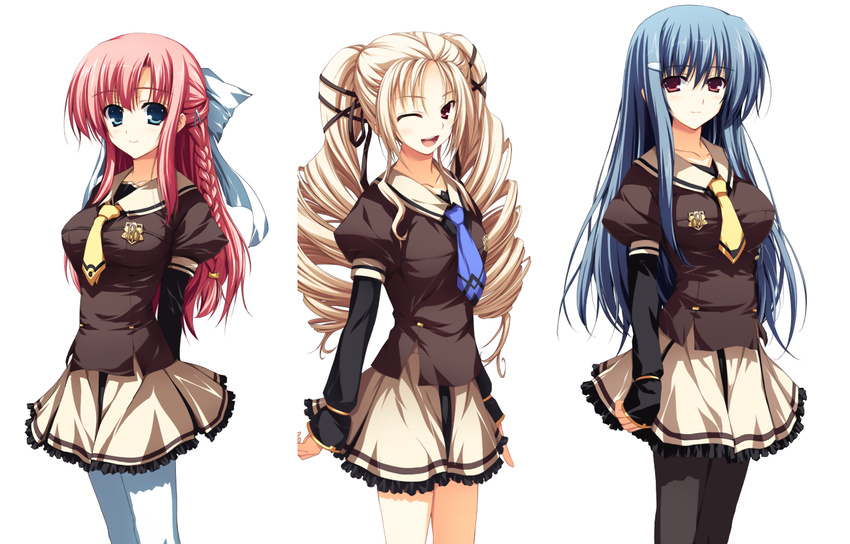 3girls akatsuki_no_goei blonde_hair blue_eyes blue_hair brown_eyes drill_hair hair_ornament hairclip kanzaki_moe kokudou_kyouka long_hair looking_at_viewer multiple_girls necktie nikaidou_aya non-web_source one_eye_closed open_mouth pantyhose pink_hair pleated_skirt red_eyes school_uniform simple_background skirt smile tomose_shunsaku white_background