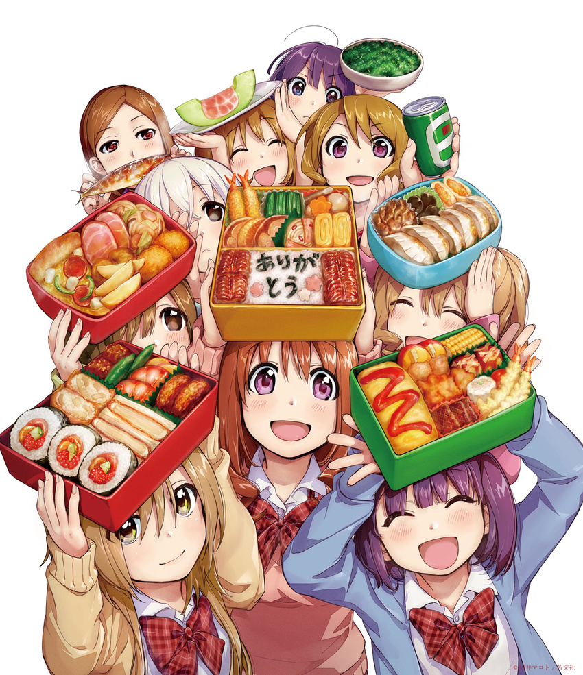 6+girls :d ^_^ absurdres bento blush bow bowtie brown_eyes brown_hair can closed_eyes commentary_request food highres kawai_makoto koufuku_graffiti long_hair machiko_akira machiko_ryou morino_kirin morino_rin multiple_girls official_art open_mouth purple_eyes purple_hair school_uniform shiina's_mother_(koufuku_graffiti) shiina_(koufuku_graffiti) short_hair smile thank_you tsuyuko_(koufuku_graffiti) uchiki_yuki white_background white_hair