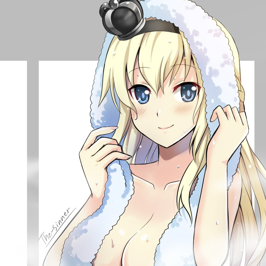 blonde_hair blue_eyes braid breasts commentary_request crown female hairband half_up_braid highres kantai_collection large_breasts long_hair mini_crown nude solo the-sinner towel towel_around_neck towel_on_head warspite_(kancolle)