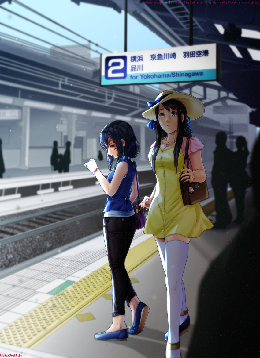 2girls alternate_costume alternate_hairstyle artist_name bag black_hair black_pants blue_ribbon blurry braid breasts casual cleavage commentary commentary_request commission depth_of_field dress french_braid handbag hat hedgehog height_difference highres iowa_(pacific) jewelry kantai_collection kimi_no_na_wa. long_hair looking_at_object looking_at_watch looking_away melisaongmiqin miyamizu_mitsuha mole mole_under_eye multiple_girls necklace no_hair_ornament ornate_ring outdoors pacific_(kancolle) pants partial_commentary photo-referenced pointy_nose railroad_tracks real_world_location red_eyes ribbon ring shoes short_hair sign sleeveless star_(symbol) star_necklace sun_hat tall_female thighhighs train_station_platform watch wedding_ring white_thighhighs yamashiro_(kancolle) yellow_dress yokosuka yokosuka-chuo_station