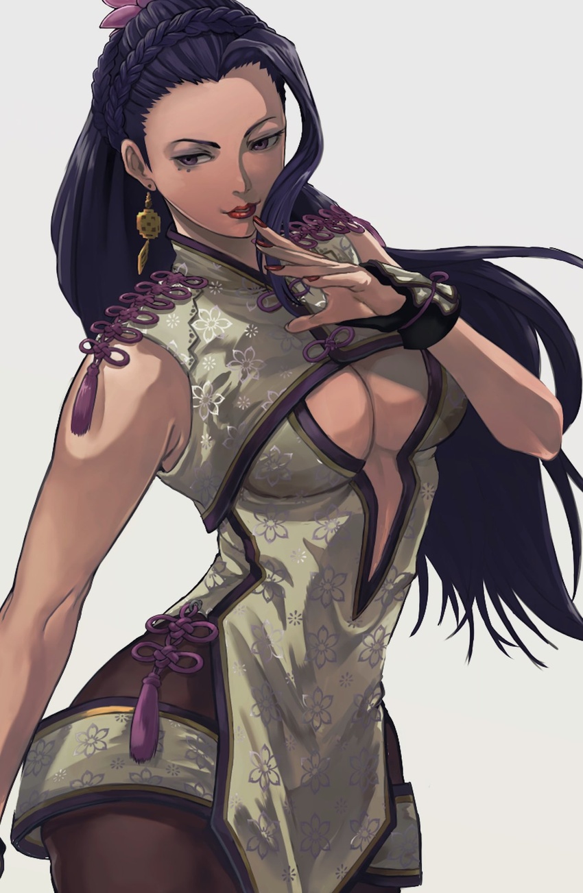 bare_shoulders black_hair breasts cleavage cleavage_cutout clothing_cutout earrings female flower gauss_<bokashi gloves hair_flower hair_ornament highres jewelry long_hair luong mole mole_under_eye solo the_king_of_fighters the_king_of_fighters_xiv the_king_of_fighters_xv thighhighs underboob_cutout