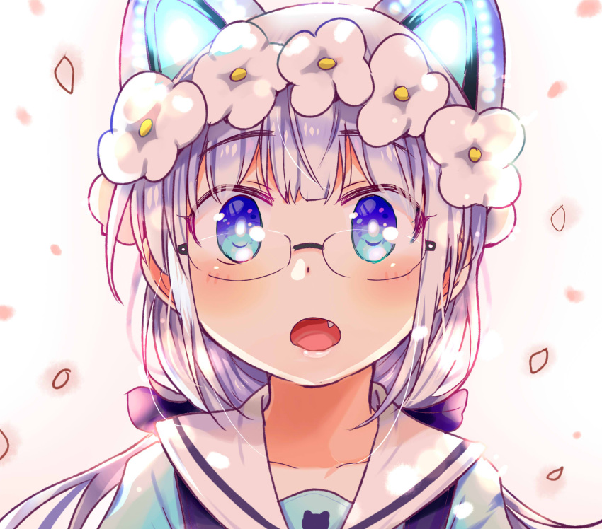 animal_ears blue_eyes blue_shirt bow cat_ears collarbone commentary_request falling_petals female flower glasses hairbow head_wreath highres indie_virtual_youtuber long_hair looking_at_viewer nekoi_yuuna oerba_yun_fang open_mouth petals portrait purple_bow purple_hair sailor_collar shirt solo tatsunokosso virtual_youtuber white_background white_sailor_collar