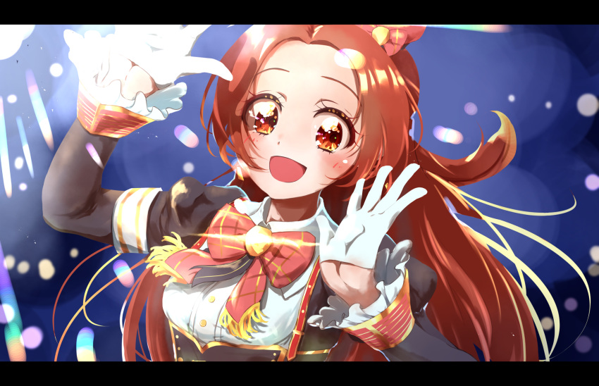 :d aikatsu! aikatsu!_(series) aikatsu_on_parade! beret black_jacket blurry blurry_background blush bow bowtie close-up commentary_request depth_of_field dream_academy_school_uniform female floating_hair forehead frilled_sleeves frills gloves gold_trim hands_up happy hat hat_bow highres idol jacket letterboxed light_particles long_sleeves open_mouth orange_eyes orange_hair otoshiro_noel plaid plaid_bow puffy_sleeves red_bow red_bowtie red_hat school_uniform shirt sideways_glance smile solo taiyaki29 upper_body white_gloves white_shirt