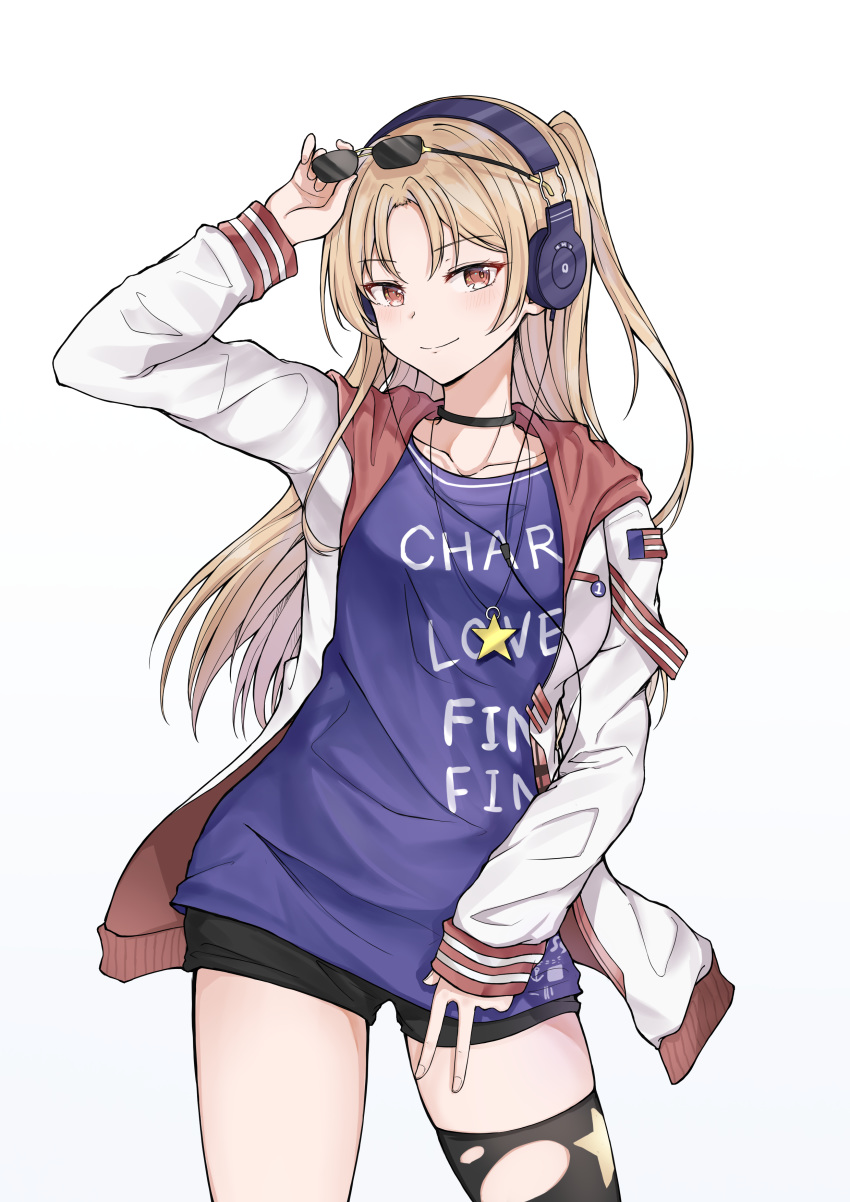 absurdres azur_lane bad_id bad_pixiv_id blonde_hair breasts cleveland_(azur_lane) cleveland_(road_trip!)_(azur_lane) female headphones highres jacket long_hair mango_(mgo) official_alternate_costume one_side_up ponytail red_eyes shorts single_thighhigh small_breasts smile sunglasses thighhighs