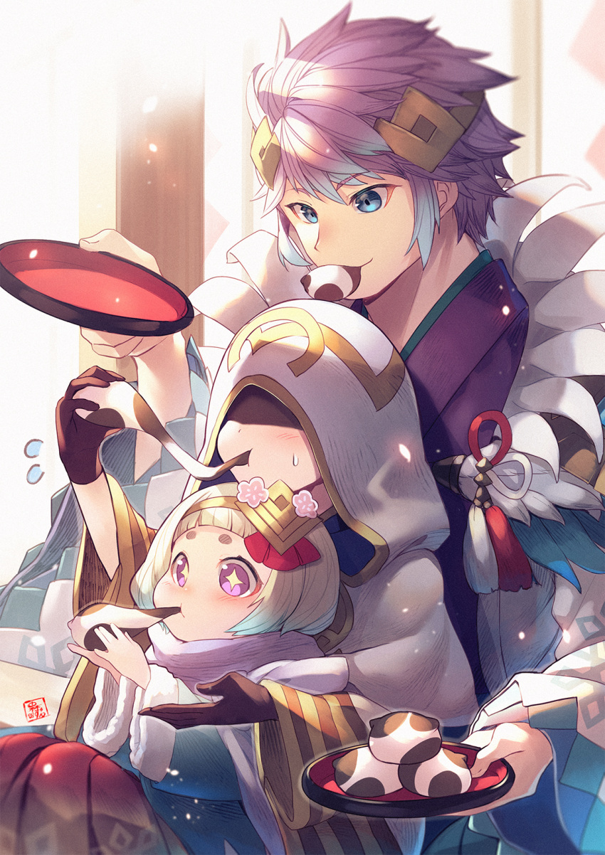 +_+ 2boys blonde_hair blue_eyes eating female fire_emblem fire_emblem_heroes food gloves grey_hair hair_ornament highres hooded_robe hrid_(fire_emblem) hrid_(new_year)_(fire_emblem) kiran_(fire_emblem) multicolored_hair multiple_boys nakabayashi_zun robe sitting sitting_on_lap sitting_on_person two-tone_hair ylgr_(fire_emblem)