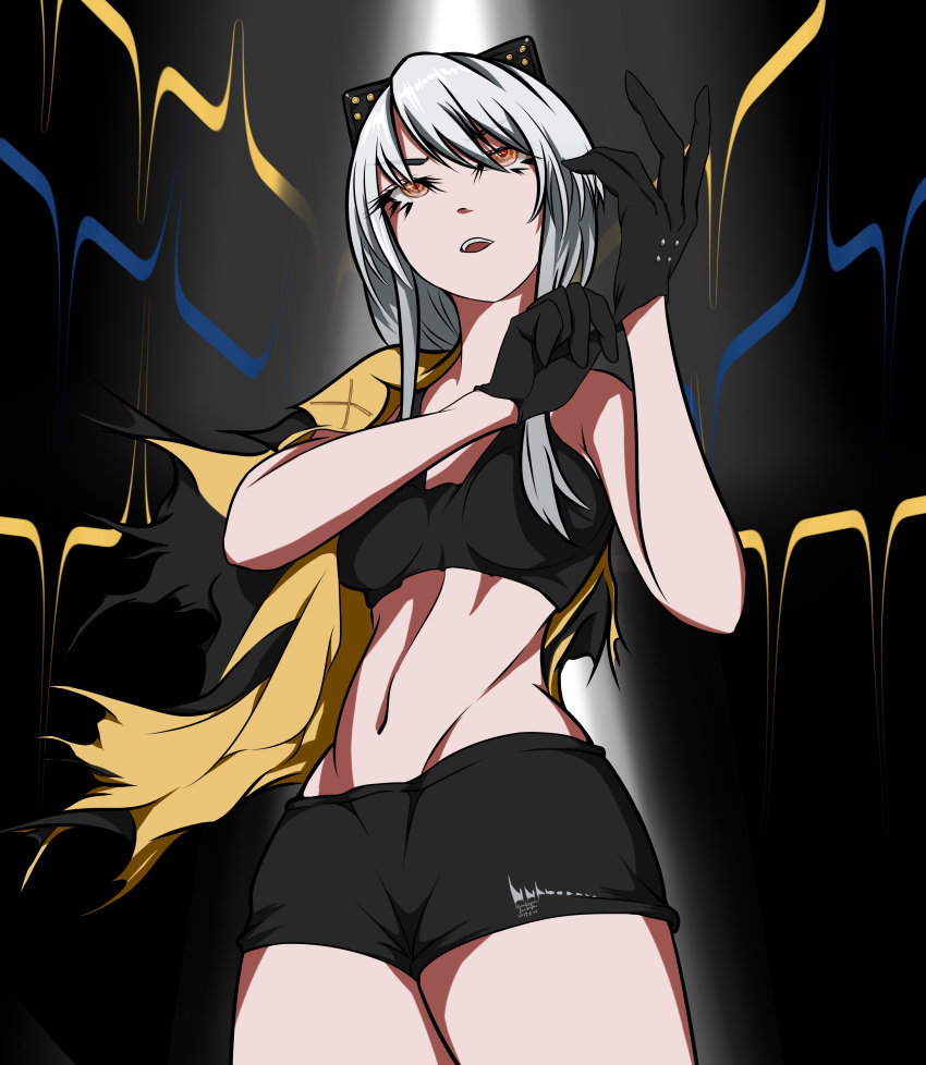 absurdres animal_ears black_gloves black_jacket black_shorts black_tank_top breasts fake_animal_ears female gloves grey_hair hair_between_eyes hanekawatsubasa-56 highres jacket karenina:_blast_(punishing:_gray_raven) karenina_(punishing:_gray_raven) long_hair midriff navel open_mouth orange_eyes orange_jacket punishing:_gray_raven short_shorts shorts small_breasts solo tank_top teeth upper_teeth_only