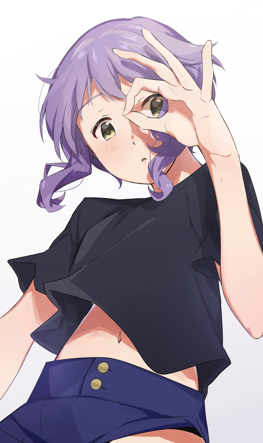 absurdres black_shirt blue_shorts blush female from_below gradient_background hand_up highres idolmaster idolmaster_million_live! idolmaster_million_live!_theater_days katsu_(kana) looking_at_viewer makabe_mizuki midriff_peek navel ok_sign parted_lips purple_hair shirt short_hair short_sleeves shorts sidelocks solo standing upper_body wavy_hair white_background yellow_eyes