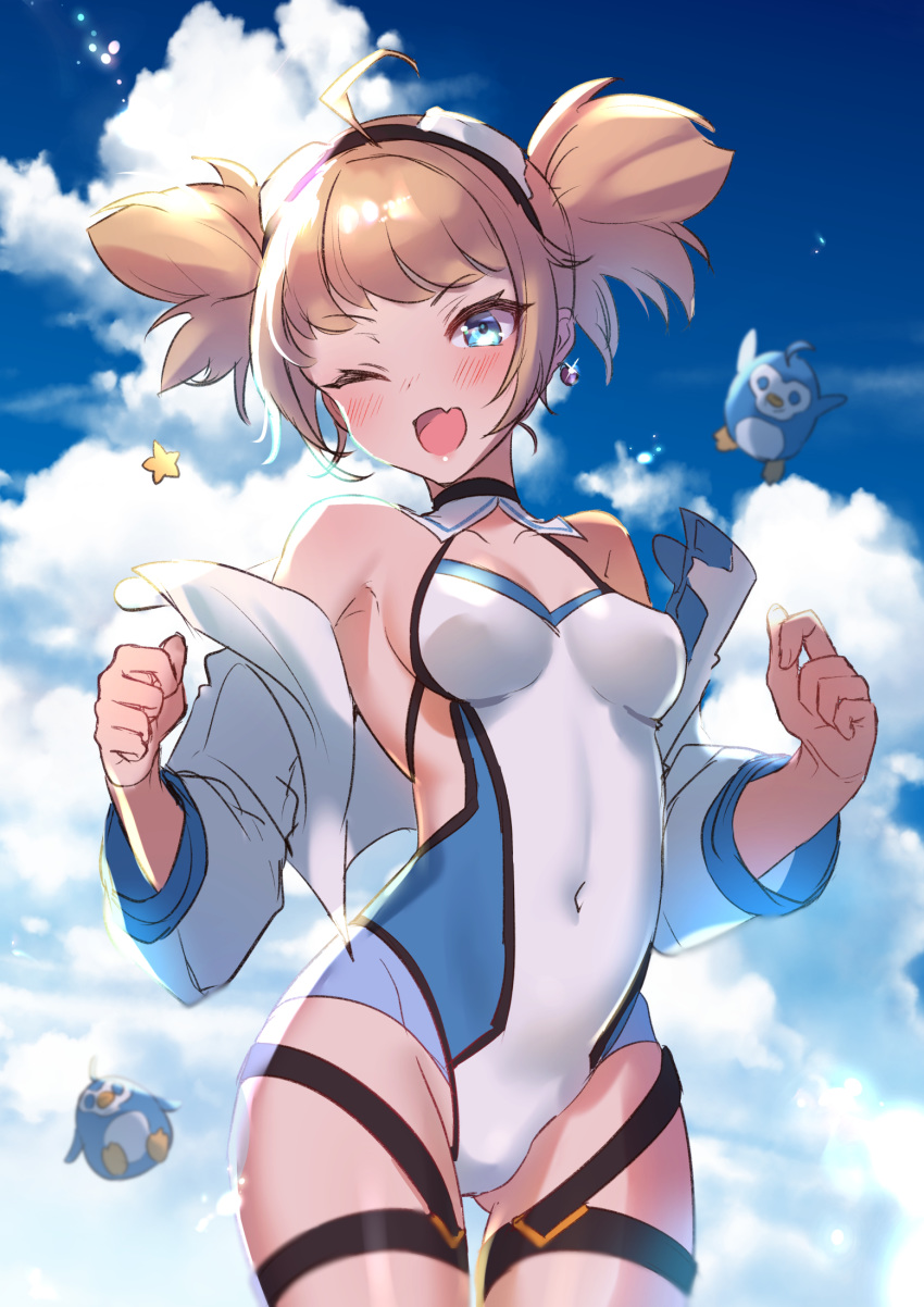 ahoge bird blonde_hair blue_eyes blue_sky breasts cloud covered_navel cowboy_shot earrings female goggles goggles_on_head granblue_fantasy highres jewelry leotard one_eye_closed outdoors penguin pengy_(granblue_fantasy) rojione sky solo twintails