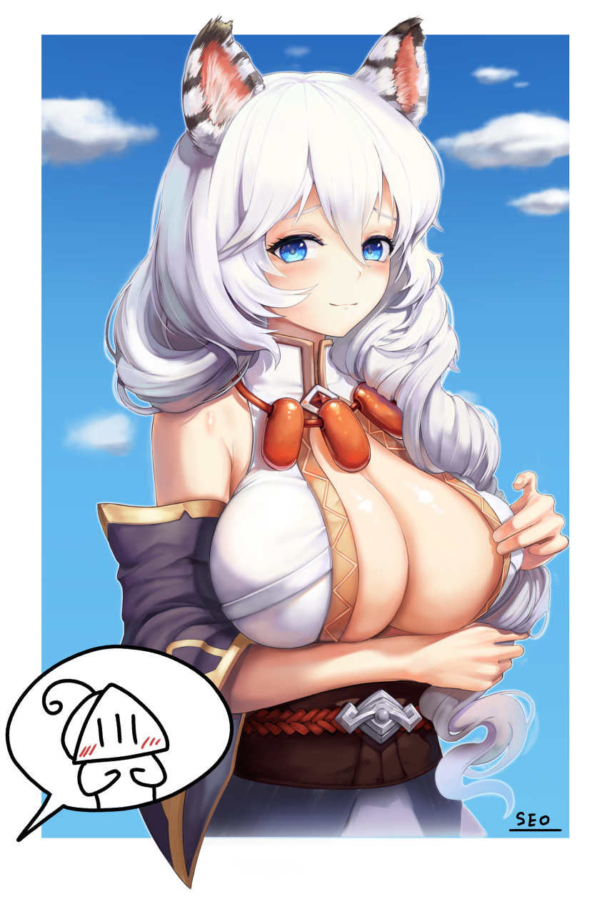 absurdres animal_ears artist_name bare_shoulders blue_sky blush breasts cleavage clothing_cutout druid_kanna female guardian_tales hand_on_own_chest highres huge_breasts korean_commentary long_hair looking_at_viewer seo_(tqhgud016) sky smile solo speech_bubble tiger_ears tiger_girl upper_body white_hair