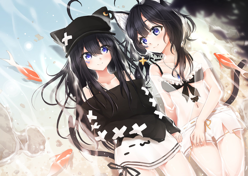 2girls ahoge animal animal_ear_fluff animal_ears animal_hat bikini bikini_top_only black_bikini black_hair black_headwear breasts cat_ears cat_girl cat_tail closed_mouth collarbone commentary_request fake_animal_ears fish goldfish hair_between_eyes hat jacket long_hair lying macchiato_(jae-min_cho) multiple_girls navel off-shoulder_shirt off_shoulder on_back original purple_eyes revision see-through shallow_water shirt short_shorts shorts small_breasts smile swimsuit swimsuit_cover-up tail very_long_hair water white_shorts