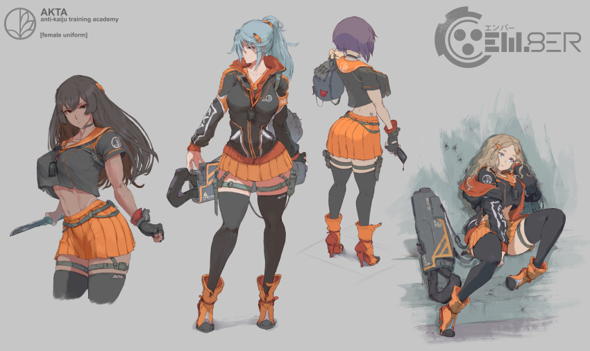 4girls absurdres ass black_gloves black_hair black_legwear blonde_hair blue_hair boots breasts choker collarbone commission concept_art cutesexyrobutts em8er fingerless_gloves gloves highres incredibly_absurdres lanyard large_breasts logo long_hair medium_breasts midriff multiple_girls navel orange_footwear orange_skirt paid_reward patreon_reward short_hair skirt stairs tan tanlines thighhighs