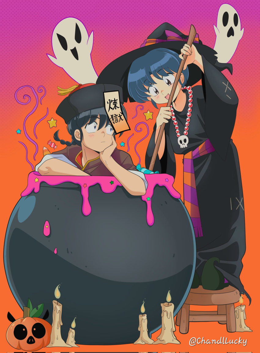 1boy blue_hair blush braid braided_ponytail candle chandllucky closed_mouth cooking female ghost halloween halloween_costume hat highres looking_at_another open_mouth ranma_1/2 saotome_ranma short_hair tendou_akane twitter_username witch witch_hat