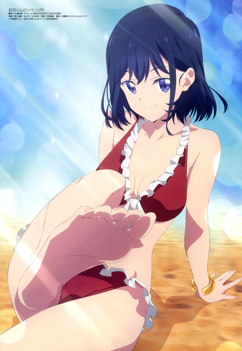 absurdres adagaki_aki arm_support artist_name barefoot beach bikini black_hair blue_eyes blue_sky blurry bokeh bracelet breasts breasts_apart cleavage closed_mouth collarbone company_name copyright_name day depth_of_field feet female foot_focus foot_out_of_frame foreshortening frilled_bikini frills front-tie_bikini_top front-tie_top highres jewelry leaning_to_the_side leg_up legs lens_flare light_rays looking_at_viewer magazine_scan masamune-kun_no_revenge medium_breasts megami_magazine ocean official_art on_ground outdoors purple_eyes red_bikini sawairi_yuuki scan shadow short_hair sitting sky smile soles solo sunbeam sunlight swimsuit thighs toenails toes water