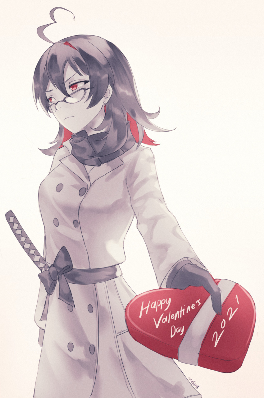 2021 ahoge ark_ford beige_background black_gloves black_hair box colored_inner_hair enma-chan female food glasses gloves grey_jacket happy_valentine heart heart-shaped_box highres hololive hololive_english incoming_gift jacket katana looking_to_the_side multicolored_hair red_eyes red_hair solo sword valentine virtual_youtuber weapon