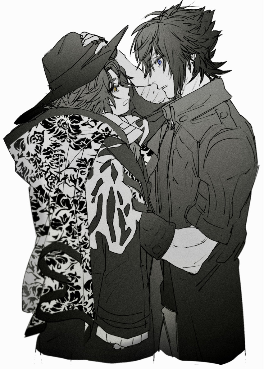 2boys aged_down ardyn_izunia blue_eyes final_fantasy final_fantasy_xv floral_print gloves greyscale hair_between_eyes hat highres holding holding_clothes holding_hat inuue15 jacket lolicon male_focus monochrome multiple_boys noctis_lucis_caelum parted_bangs parted_lips short_sleeves spiked_hair spot_color upper_body white_background yellow_eyes