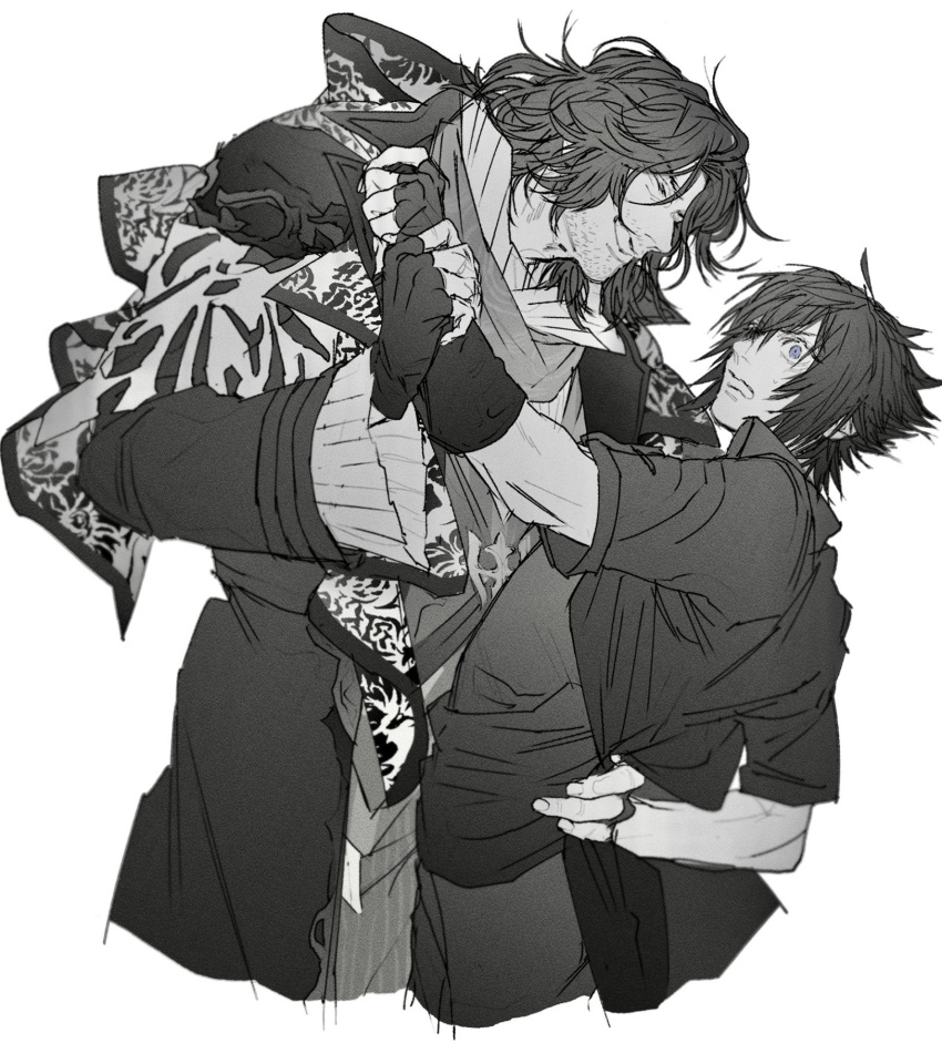 2boys ardyn_izunia blue_eyes closed_eyes facial_hair final_fantasy final_fantasy_xv fingerless_gloves floral_print gloves greyscale hair_between_eyes hand_on_another's_back highres holding_another's_wrist inuue15 jacket male_focus monochrome multiple_boys muscular muscular_male noctis_lucis_caelum parted_bangs short_hair short_sleeves smile spiked_hair spot_color stubble upper_body white_background wide-eyed yaoi