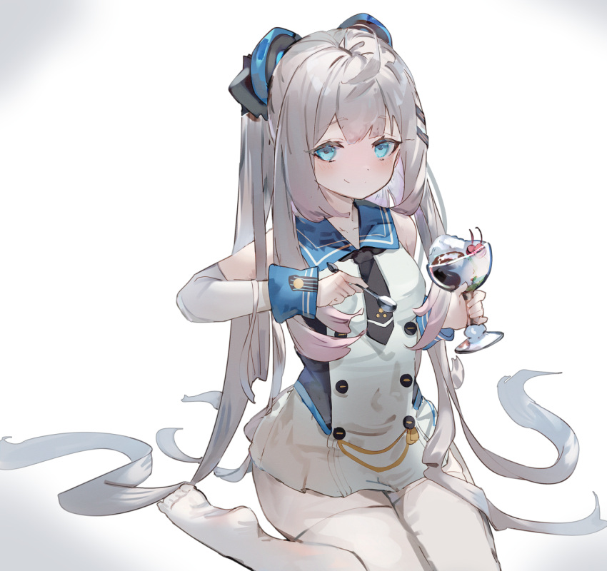 azur_lane bare_shoulders black_necktie blue_eyes breasts cherry closed_mouth commentary_request cup dress female food fruit grey_hair halsey_powell_(azur_lane) highres holding holding_cup holding_spoon long_hair long_sleeves looking_at_viewer necktie no_shoes sitting sleeveless sleeveless_dress sleeves_past_wrists small_breasts smile soles solo spoon thighhighs tota_(sizukurubiks) very_long_hair wariza white_dress white_thighhighs