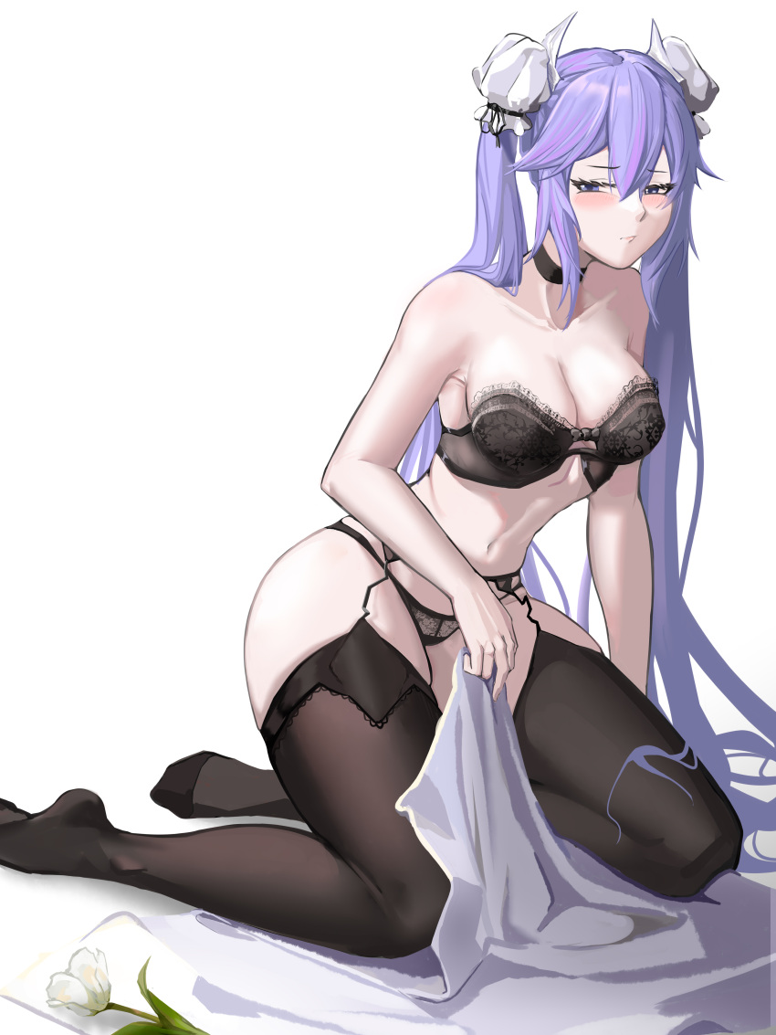 a-soul absurdres ava_(a-soul) black_bra black_choker black_panties black_thighhighs blue_eyes blush bra breasts choker cleavage closed_mouth collarbone commentary embarrassed female flower garter_belt hair_between_eyes highres holding kneeling legs long_hair looking_at_viewer medium_breasts no_shoes panties purple_hair simple_background slug_1356 solo symbol-only_commentary thighhighs thighs twintails underwear underwear_only virtual_youtuber white_background white_flower