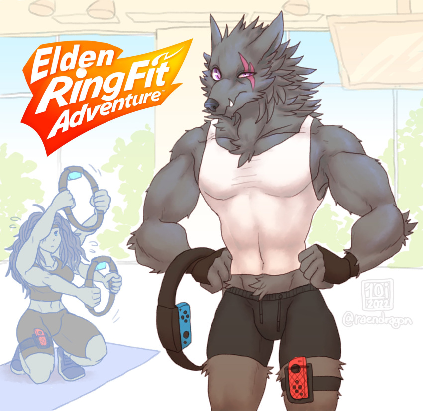 1boy alternate_costume bike_shorts blaidd_the_half-wolf elden_ring english_commentary extra_arms female furry furry_male hands_on_own_hips highres indoors joy-con logo_parody raendragon ranni_the_witch ring-con ring_fit_adventure tank_top twitter_username white_tank_top