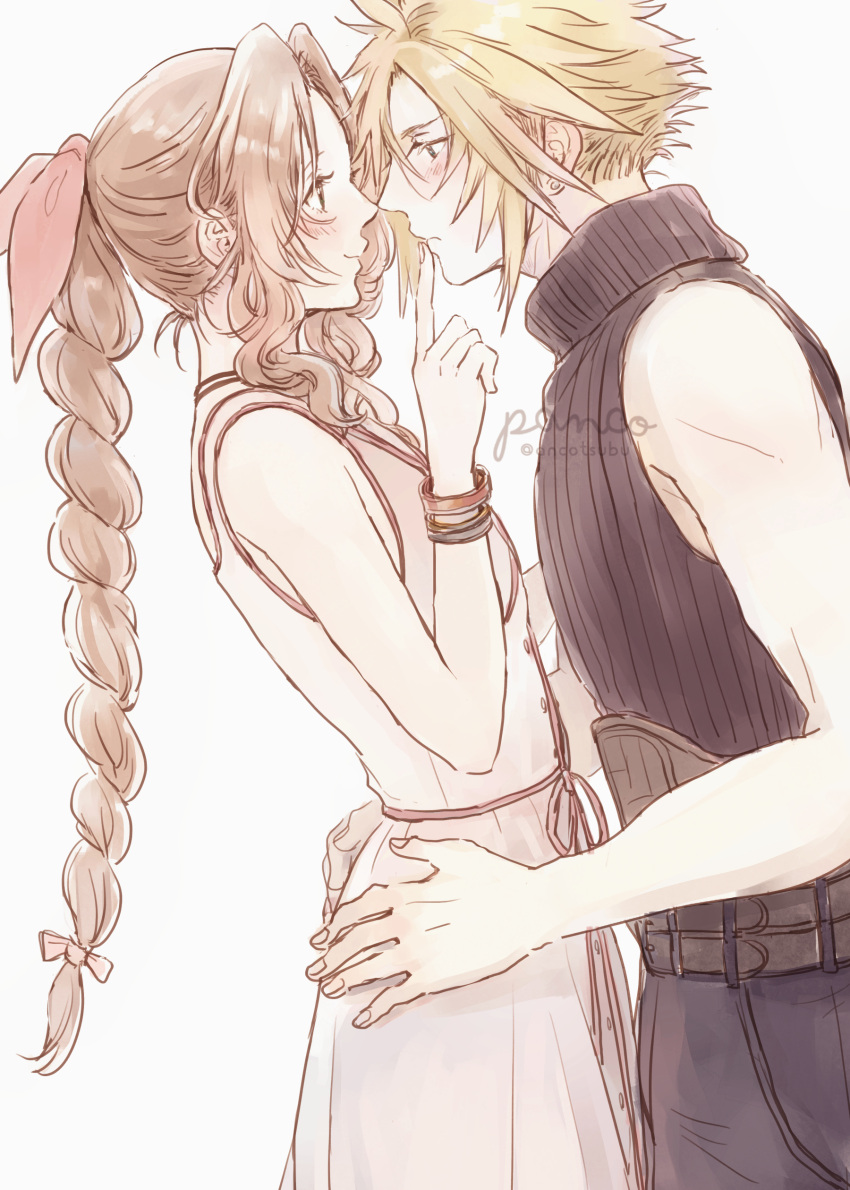 1boy absurdres aerith_gainsborough ancotsubu bare_arms belt blonde_hair blue_pants blue_shirt blush bracelet braid braided_ponytail cloud_strife couple dress female final_fantasy final_fantasy_vii final_fantasy_vii_remake finger_to_another's_mouth hair_ribbon hands_on_another's_hips highres imminent_kiss jacket jewelry long_dress multiple_belts pants parted_bangs pink_dress profile protected_link ribbon shirt sidelocks sleeveless sleeveless_turtleneck spiked_hair straight turtleneck unworn_armor unworn_jacket upper_body