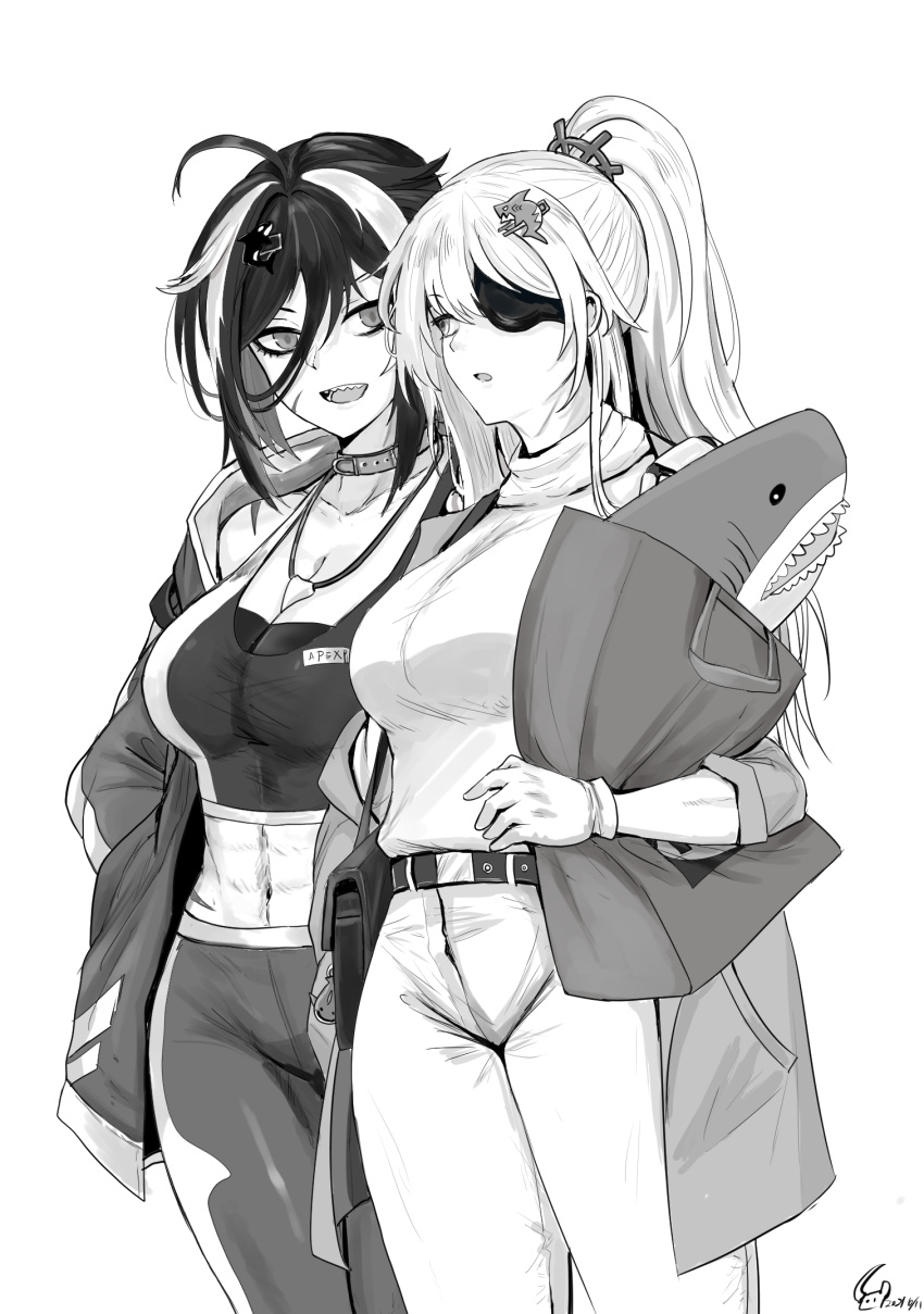 2girls ahoge animal_collar bag belt breasts cleavage collar commentary_request dated eyepatch feet_out_of_frame gloves grand_admiral_marina greyscale guardian_tales highres holding holding_bag jacket long_hair looking_at_another monochrome multiple_girls navel open_clothes open_jacket open_mouth pants ponytail scar scar_on_face shirt toned warlord_mercenary_orca white_background will2012tw