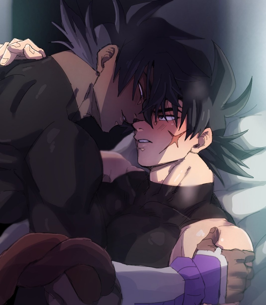 2boys anamogu_(kuro771017) bara bardock bed black_bodysuit black_hair bodysuit couple dark-skinned_male dark_skin dragon_ball dragon_ball_z highres large_pectorals looking_at_another male_focus monkey_tail multiple_boys muscular muscular_male on_bed pectorals scar scar_on_cheek scar_on_face short_hair smile spiked_hair tail tullece vambraces yaoi