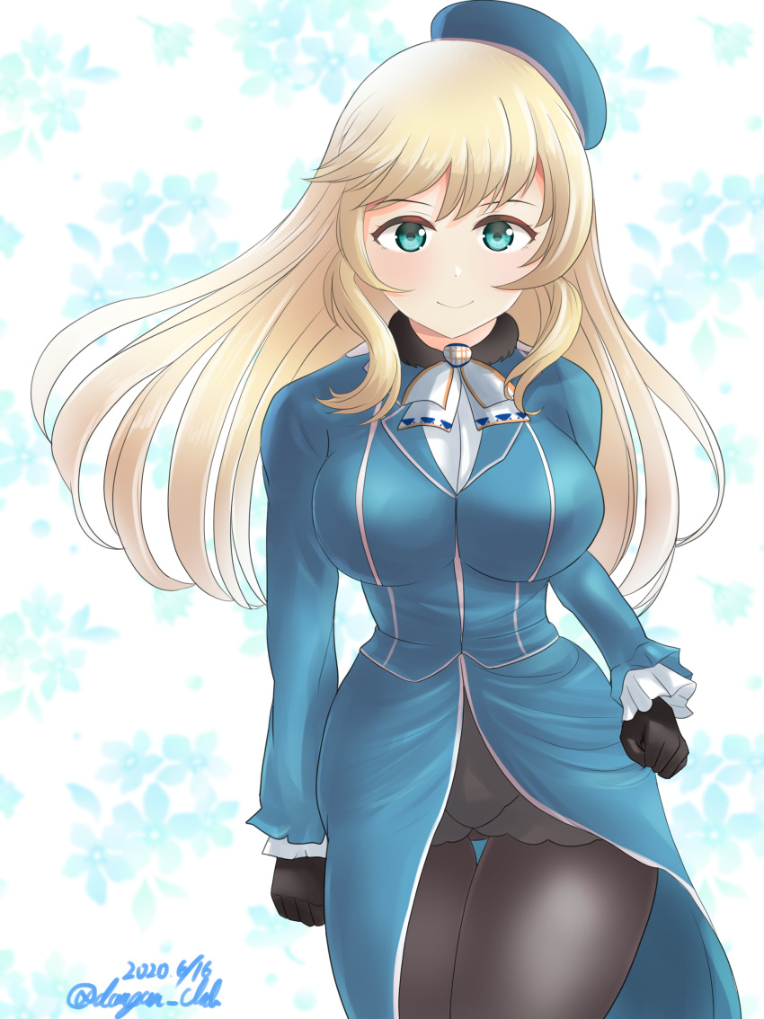 absurdres ascot ass_visible_through_thighs atago_(kancolle) bad_id bad_pixiv_id beret black_gloves black_pantyhose blonde_hair blue_background blue_hat blue_jacket blush breasts dangan_kurabu dated eyebrows female gloves gradient_background green_eyes hat highres jacket kantai_collection large_breasts long_hair long_sleeves looking_at_viewer military military_uniform pan-pa-ka-paaan! pantyhose shirt skirt smile solo standing twitter_username uniform white_shirt