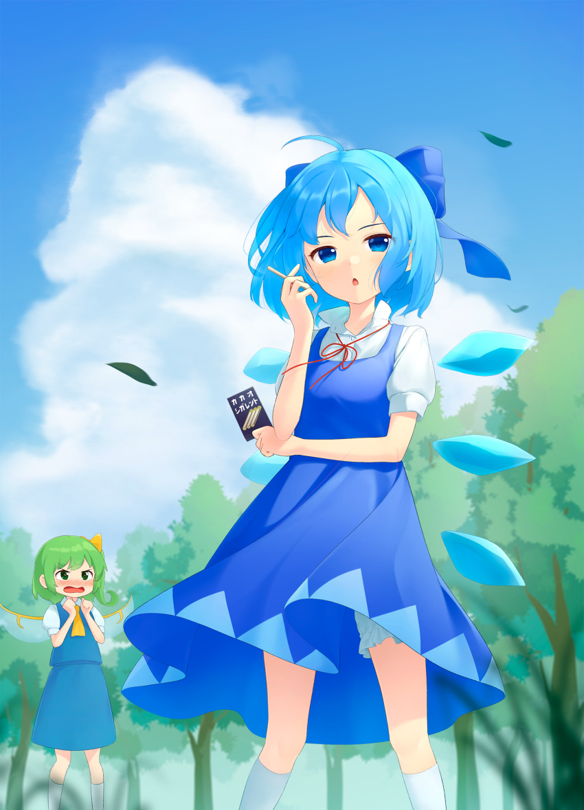 2girls :o ahoge angry arm_across_waist arms_up ascot bloomers blue_dress blue_eyes blue_hair blue_sky blue_vest blurry blurry_background blurry_foreground candy cigarette_candy cirno clenched_hands cloud commentary_request daiyousei day dress elbow_rest fairy_wings feet_out_of_frame food grass green_hair hair_ribbon highres holding holding_candy holding_food kanpa_(campagne_9) kneehighs leaf looking_at_another looking_at_viewer multiple_girls neck_ribbon one_side_up open_mouth orion_cocoa_cigarettes outdoors pinafore_dress puffy_short_sleeves puffy_sleeves red_ribbon ribbon shirt short_hair short_sleeves sky sleeveless sleeveless_dress socks standing touhou translated tree underwear vest white_legwear white_shirt wind wind_lift wings yellow_ascot