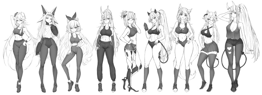 6+girls absurdres akumi_(yoclesh) alternate_costume android animal_ears arm_behind_head armpit_peek bare_shoulders bodysuit bracelet breasts captain_hannah cleavage clenched_hand clothing_cutout collarbone commentary demon_tail dog_ears dog_girl dog_tail dyarikku_(vtuber) english_commentary fox_ears fox_girl greyscale gym_shorts hair_behind_ear hair_horns hair_ribbon hand_on_own_hip hands_on_own_hips head_tilt heart_cutout highres horn_ornament horn_ring horns indie_virtual_youtuber jewelry jin_grey_paladin large_breasts leggings long_hair long_pointy_ears looking_at_viewer looking_to_the_side mechanical_arms mechanical_legs medium_breasts midriff monochrome moon_(anntan) multiple_girls navel oni_horns open_hands open_mouth pants pantyhose plunging_neckline pointy_ears ponytail ribbon salute scar scar_on_arm scar_on_face shoes shorts sidelocks silvervale simple_background skirt smile sneakers sports_bra sweatpants tail tank_top the_cecile_(vtuber) thighhighs tied_hair vei_(vtuber) very_long_hair virtual_youtuber vshojo white_background yakitsuki_(vtuber) yoga_pants yuniiho_(vtuber)