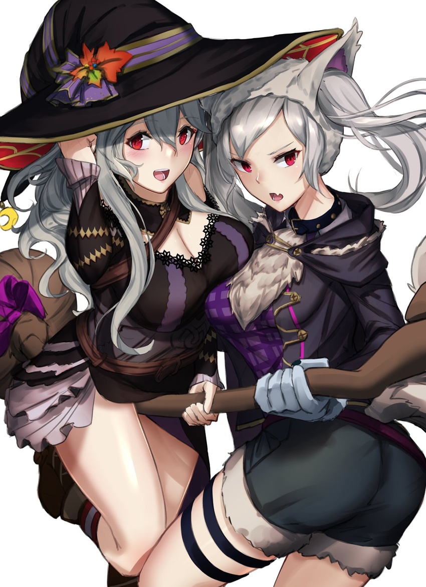 2girls alternate_costume animal_ears ass bad_id bad_twitter_id breasts broom broom_riding cleavage corrin_(female)_(fire_emblem) corrin_(female)_(halloween)_(fire_emblem) corrin_(fire_emblem) fire_emblem fire_emblem_awakening fire_emblem_fates fire_emblem_heroes gloves grey_hair grima_(fire_emblem) halloween halloween_costume hat highres ippers large_breasts long_hair looking_at_viewer medium_breasts medium_hair multiple_girls oerba_yun_fang official_alternate_costume open_mouth red_eyes robin_(female)_(fire_emblem) robin_(female)_(halloween)_(fire_emblem) robin_(fire_emblem) shorts skin_fang smile twintails white_background witch witch_hat wolf_ears wolf_girl