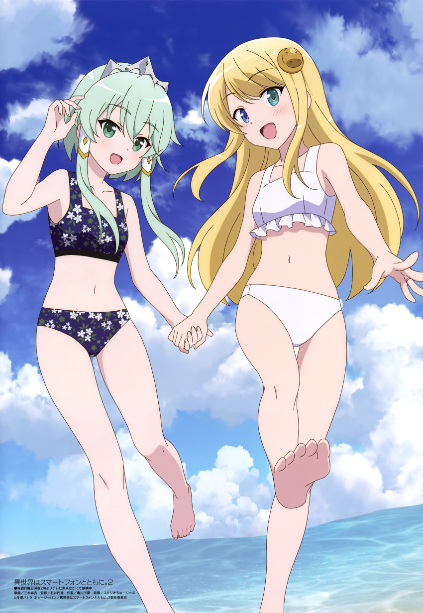 2girls :d absurdres barefoot bikini black_bikini blonde_hair blue_eyes blue_sky blush cloud collarbone commentary_request day feet floral_print green_eyes green_hair hair_between_eyes hair_ornament hair_tubes heterochromia highres holding_hands horizon isekai_wa_smartphone_to_tomo_ni. long_hair lucia_rea_regulus megami_magazine miki_mai multiple_girls navel ocean official_art open_mouth outdoors print_bikini scan sidelocks sky smile soles standing swimsuit tiara toes white_bikini yumina_elnea_belfast