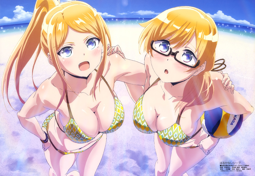 2girls :d :o absurdres ball bare_legs beach beach_volleyball bikini blonde_hair blue_eyes breasts cleavage cloud day foreshortening glasses halterneck hand_on_another's_shoulder hand_on_own_hip harukana_receive highres large_breasts matsuo_nobuyuki megami_magazine multiple_girls navel o-ring o-ring_bikini o-ring_bottom ocean oerba_yun_fang official_art open_mouth outdoors ponytail sand scan semi-rimless_eyewear shiny_skin siblings sisters sky smile sparkle standing swimsuit thomas_claire thomas_emily twins under-rim_eyewear volleyball volleyball_(object)