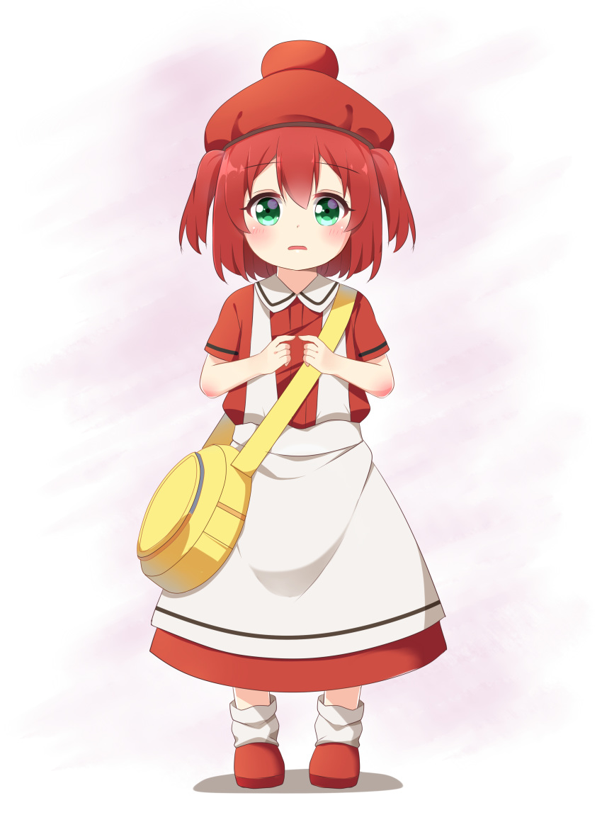 absurdres apron bag beret blush boots collared_shirt commentary cosplay erythroblast_(hataraku_saibou) erythroblast_(hataraku_saibou)_(cosplay) female full_body green_eyes hair_between_eyes hat hataraku_saibou highres ikazu401 kurosawa_ruby looking_at_viewer love_live! love_live!_sunshine!! parted_lips red_footwear red_hair red_hat red_shirt red_skirt shirt short_sleeves shoulder_bag skirt solo standing two_side_up waist_apron white_apron