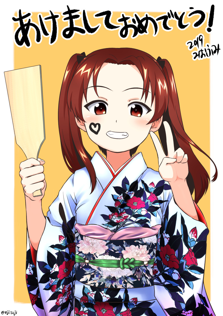 2019 absurdres akeome bad_id bad_pixiv_id black_bow bow brown_eyes brown_hair commentary_request facepaint female floral_print girls_und_panzer grin hagoita hairbow happy_new_year highres holding holding_paddle japanese_clothes kadotani_anzu kagayaku_namahamu kimono light_blush long_hair long_sleeves looking_at_viewer new_year obi outside_border paddle parted_bangs partial_commentary print_kimono sash sharp_teeth smile solo standing teeth twintails twitter_username upper_body v white_kimono wide_sleeves yellow_background