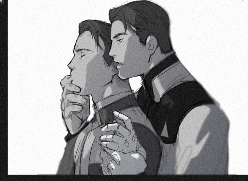 2boys clothed clothes connor_(detroit) detroit:_become_human formal male male_focus monochrome multiple_boys rk900 size_difference suit yaoi