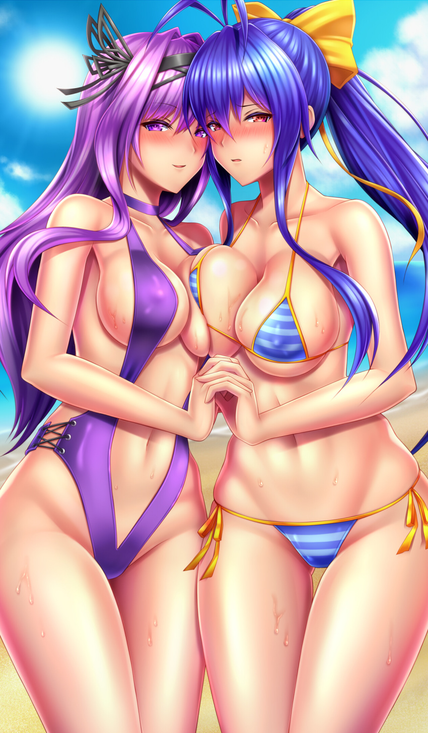 2girls antenna_hair bad_id bad_pixiv_id bare_shoulders beach bikini black_hairband blazblue blue_hair blue_sky bow breast_press breasts choker collarbone covered_nipples day hairband hairbow highres holding_hands kajun_faycott large_breasts long_hair looking_at_viewer mai_natsume multiple_girls navel ocean one-piece_swimsuit open_mouth outdoors ponytail purple_choker purple_eyes purple_hair purple_one-piece_swimsuit red_eyes shiboru side-tie_bikini_bottom sky smile striped_bikini striped_clothes swimsuit symmetrical_docking thigh_gap thighs very_long_hair water yellow_bow yuri