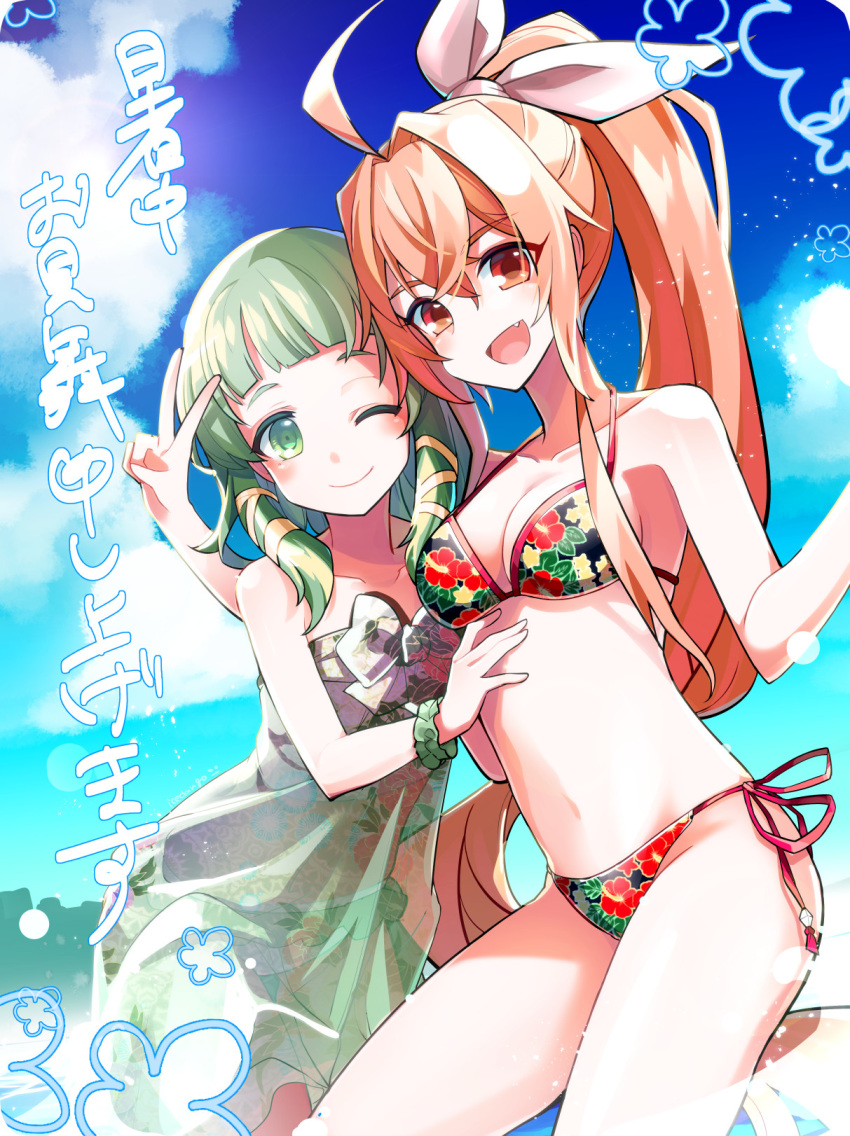 2girls anduran_(elsword) bad_id bad_pixiv_id breasts cleavage elsword flat_chest green_eyes green_hair highres icedango_(dpopic3) ignia_(elsword) long_hair medium_breasts multiple_girls oerba_yun_fang one_eye_closed orange_eyes orange_hair priestess short_hair smile swimsuit v