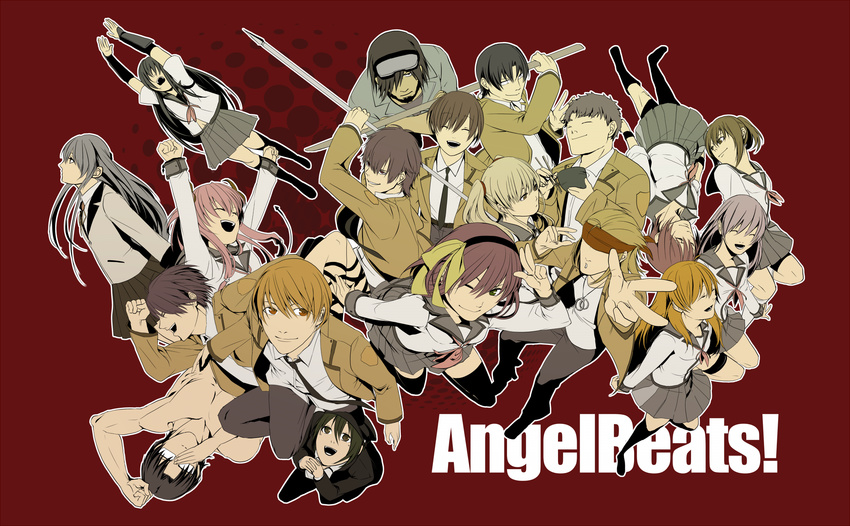 angel_beats! chaa fujimaki glasses hinata_hideki hisako irie iwasawa katana long_hair matsushita nakamura_yuri naoi_ayato noda ooyama otonashi_yuzuru seifuku sekine shiina skirt sword tachibana_kanade tail takamatsu takeyama tenshi tk weapon yui_(angel_beats!) yusa