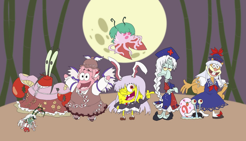 6+girls bamboo black_eyes black_hair blue_dress bow buck_teeth cape carrot_necklace claws commentary_request cosplay dress flying frown fujiwara_no_mokou fujiwara_no_mokou_(cosplay) full_moon gary_(spongebob_squarepants) green_hair hair_ornament hair_ribbon hairbow hat houraisan_kaguya houraisan_kaguya_(cosplay) imperishable_night inaba_tewi inaba_tewi_(cosplay) jellyfish jellyfish_(spongebob_squarepants) jewelry kamishirasawa_keine kamishirasawa_keine_(cosplay) laughing long_hair long_sleeves moon mr._krabs multiple_girls mystia_lorelei mystia_lorelei_(cosplay) necklace necktie night nurse_cap open_mouth parody patrick_star pendant pink_hair red_eyes reisen_udongein_inaba reisen_udongein_inaba_(cosplay) ribbon sandy_cheeks sheldon_j._plankton shell shoes short_hair simple_background skirt smile socks spongebob_squarepants spongebob_squarepants_(series) squidward_tentacles teeth tentacle touhou white_hair wings wriggle_nightbug wriggle_nightbug_(cosplay) yagokoro_eirin yagokoro_eirin_(cosplay) yuusei_mutsuki