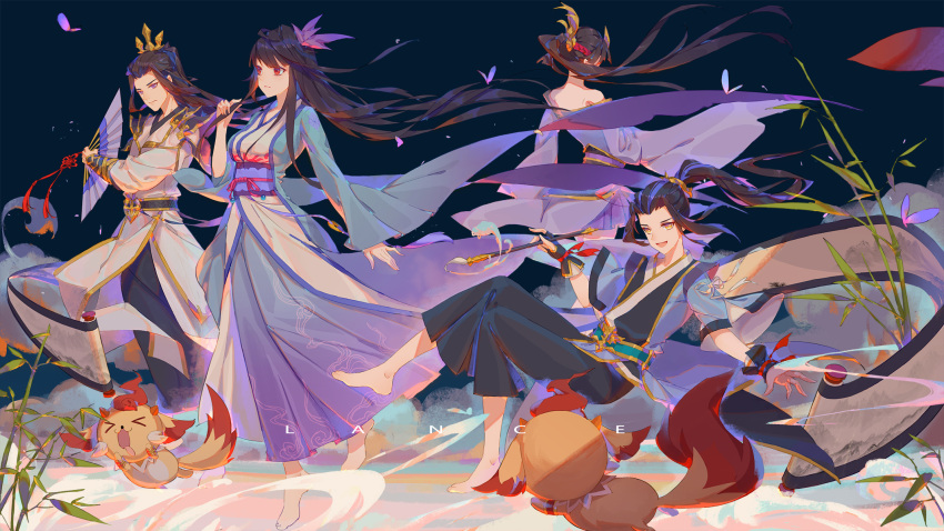 2boys 2girls animal back barefoot black_sky bug butterfly character_request everyone floating hair_ornament highres lance_(lancelliu) long_hair multiple_boys multiple_girls reeds sky tun_tun walking wu_huang yao_yao_(yuan_zun) yuan_zun zhou_yuan