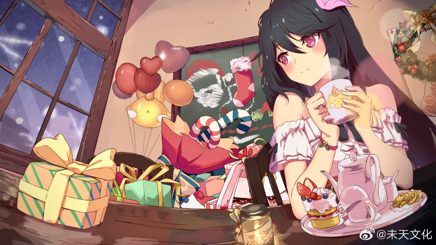 balloon black_hair christmas christmas_stocking cup female gift highres holding holding_cup kettle long_hair looking_to_the_side mug parfait plate smile snow solo steam table tun_tun wei_tian_wenhua window winter yao_yao_(yuan_zun) yuan_zun