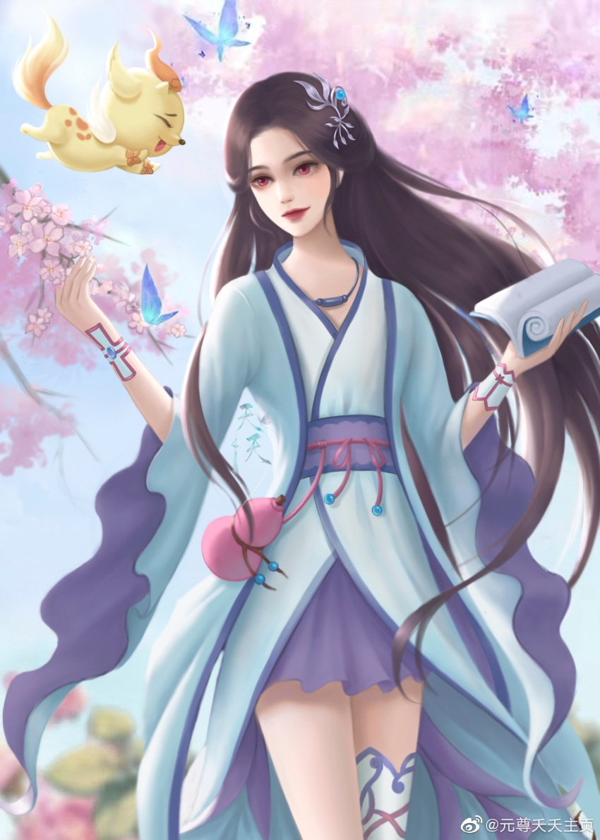 asymmetrical_legwear blue_dress blue_sky book brown_hair bug butterfly cherry_blossoms dress female gourd hair_ornament highres long_sleeves mismatched_legwear purple_skirt sash skirt sky solo tun_tun yao_yao_(yuan_zun) yuan_zun yuan_zun_yao_yao_zhuye