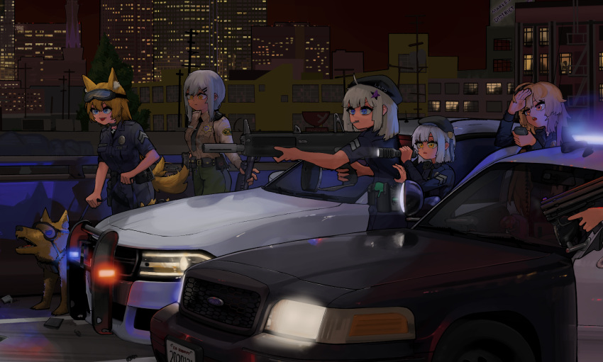 6+girls aa-12 aa-12_(girls'_frontline) animal_ears bags_under_eyes belt beret black_footwear blonde_hair blue_coat blue_pants blue_shirt brown_shirt building canine car coat colt_defender commentary_request defender_(girls'_frontline) dodge_(company) dodge_charger dongdong_(0206qwerty) ford ford_crown_victoria girls'_frontline goggles goggles_on_head green_pants grey_hair gun hair_ornament handgun hat headlight highres holding holding_gun holding_weapon k9 long_hair long_sleeves los_angeles_county_sheriff's_department los_angeles_police_department m37_(girls'_frontline) m500_(girls'_frontline) m590_(girls'_frontline) motor_vehicle multiple_girls necktie night outdoors pants police police_badge police_car police_uniform policewoman road shirt shoes short_hair short_sleeves shotgun six12_(girls'_frontline) skyscraper star_(symbol) star_hair_ornament tank_top uniform united_states utility_belt weapon white_hair white_tank_top