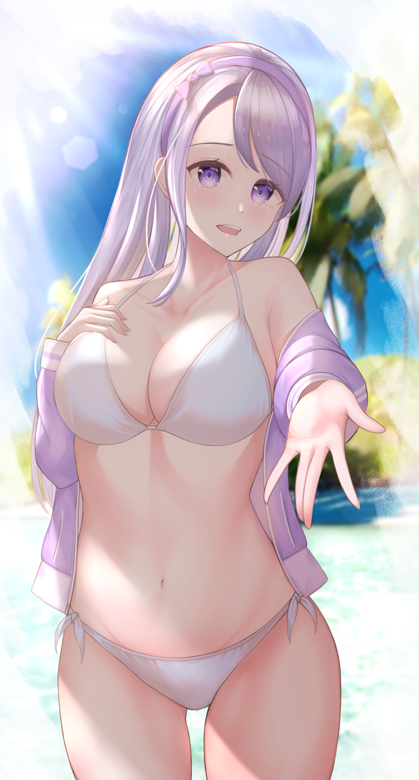 absurdres asymmetrical_bangs bikini blurry blurry_background breasts cleavage commentary_request cowboy_shot female grey_hair highres jacket kantai_collection kazama_ran large_breasts lens_flare long_hair looking_at_viewer outdoors pink_jacket purple_eyes sagiri_(kancolle) side-tie_bikini_bottom smile solo sun swept_bangs swimsuit white_bikini