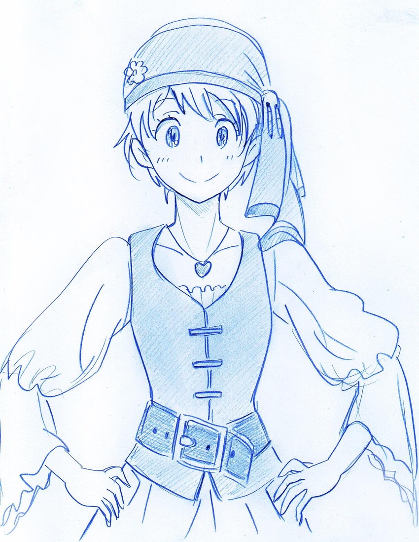 bandana belt blue_theme female fena_houtman graphite_(medium) heart heart_necklace highres jewelry kaizoku_oujo long_sleeves looking_at_viewer monochrome necklace potekite short_hair simple_background smile solo standing traditional_media vest white_background