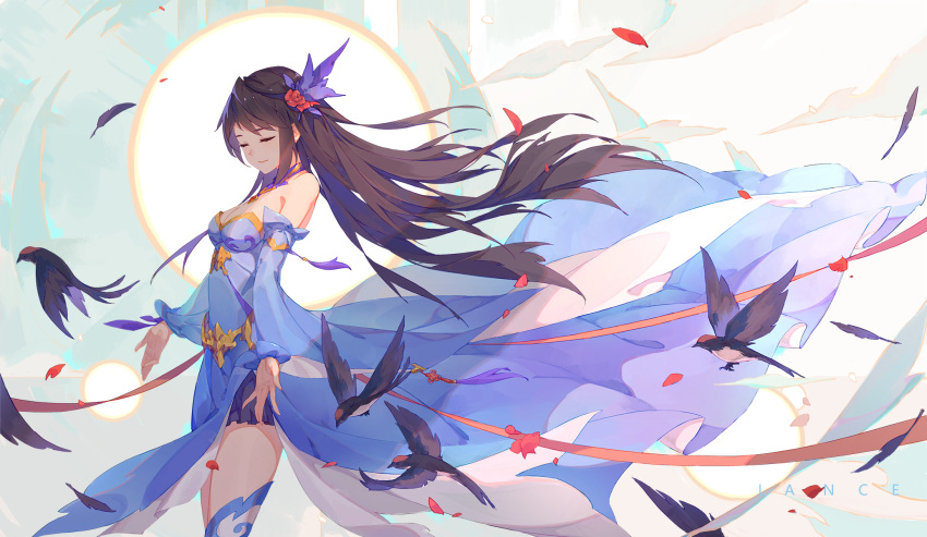 asymmetrical_legwear bird black_hair blue_dress closed_eyes dress female hair_ornament highres lance_(lancelliu) long_hair mismatched_legwear outstretched_arms sash tassel yao_yao_(yuan_zun) yuan_zun