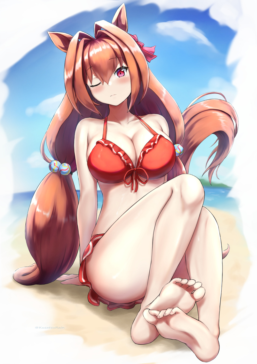 absurdres amano_kusatsu animal_ears bare_shoulders barefoot beach bikini blue_sky blush bow breasts brown_hair cleavage collarbone commentary_request daiwa_scarlet_(trifle_vacation)_(umamusume) daiwa_scarlet_(umamusume) day feet female front-tie_bikini_top front-tie_top hair_between_eyes hair_intakes hairbow highres horse_ears horse_girl horse_tail large_breasts long_hair looking_at_viewer low_twintails ocean oerba_yun_fang official_alternate_costume one_eye_closed outdoors red_bikini red_bow sitting sky soles solo swimsuit tail toes twintails umamusume very_long_hair wavy_mouth